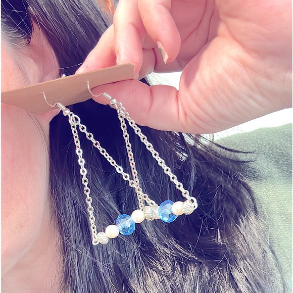 Stunning Chain Earrings Czech Blue Sapphire 8mm Round Faceted Beads+Pearl+Beaded - Picture 10 of 16